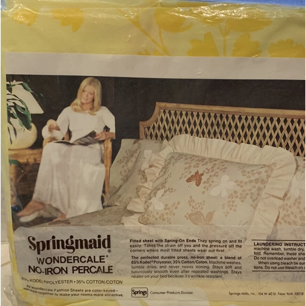 Vtg Springmaid No Iron Percale Double Full Fitted Sheet Yellow Butterfly NEW NOS
